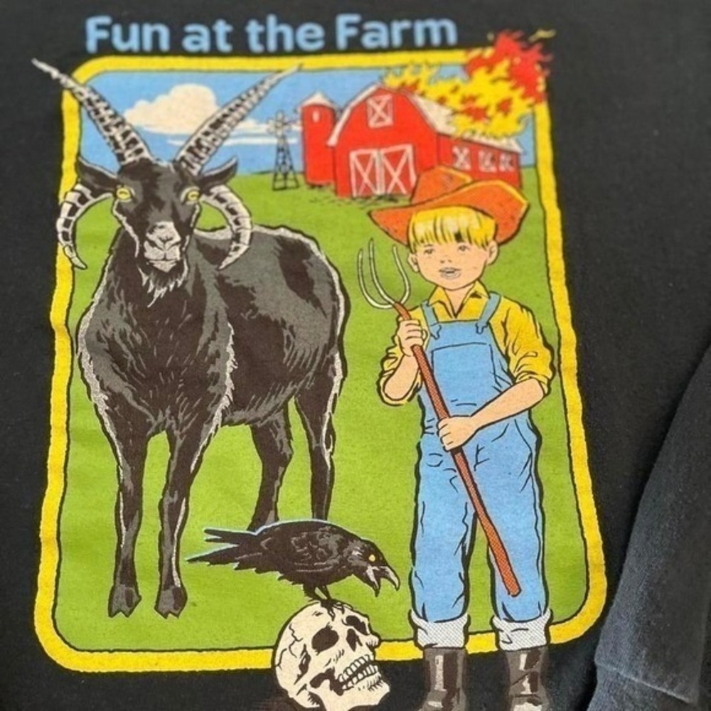 Steven Rhodes Fun at the Farm T-Shirt Black Dark Humor Goat Crow Skull Graphic L